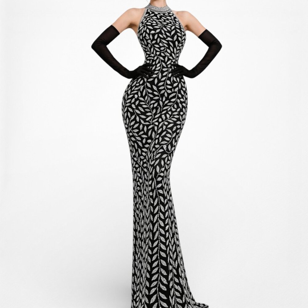 Vintage Y2K Black White Gray Floral Beaded Maxi Bodycon Formal Dress M - Picture 2 of 9